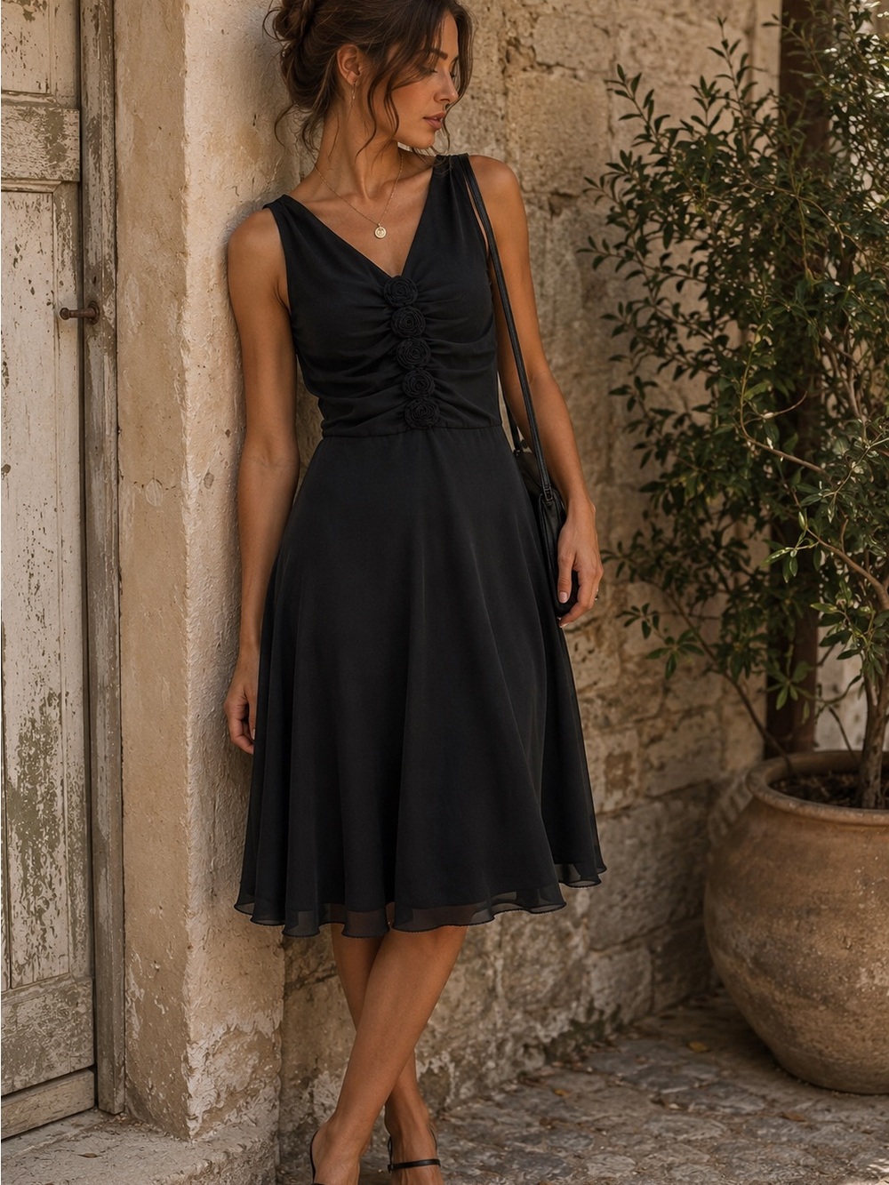 Y2K Vintage Ann Taylor 100% Silk Rosette Midi Dress Black Size 6
